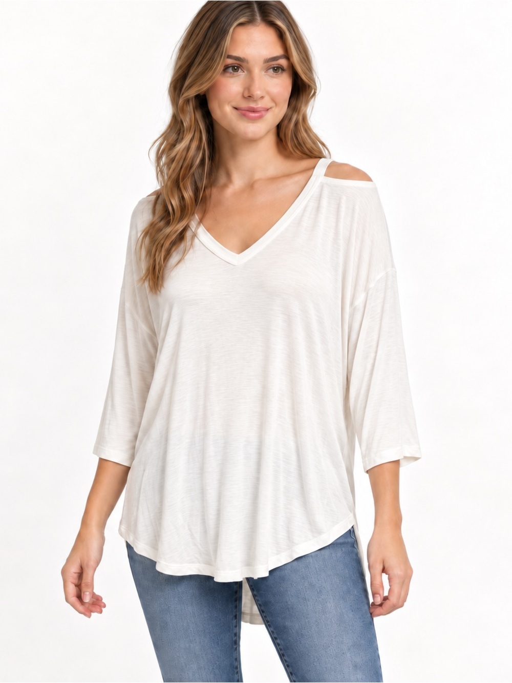 Boho minimalist V-neck cut out high low tunic